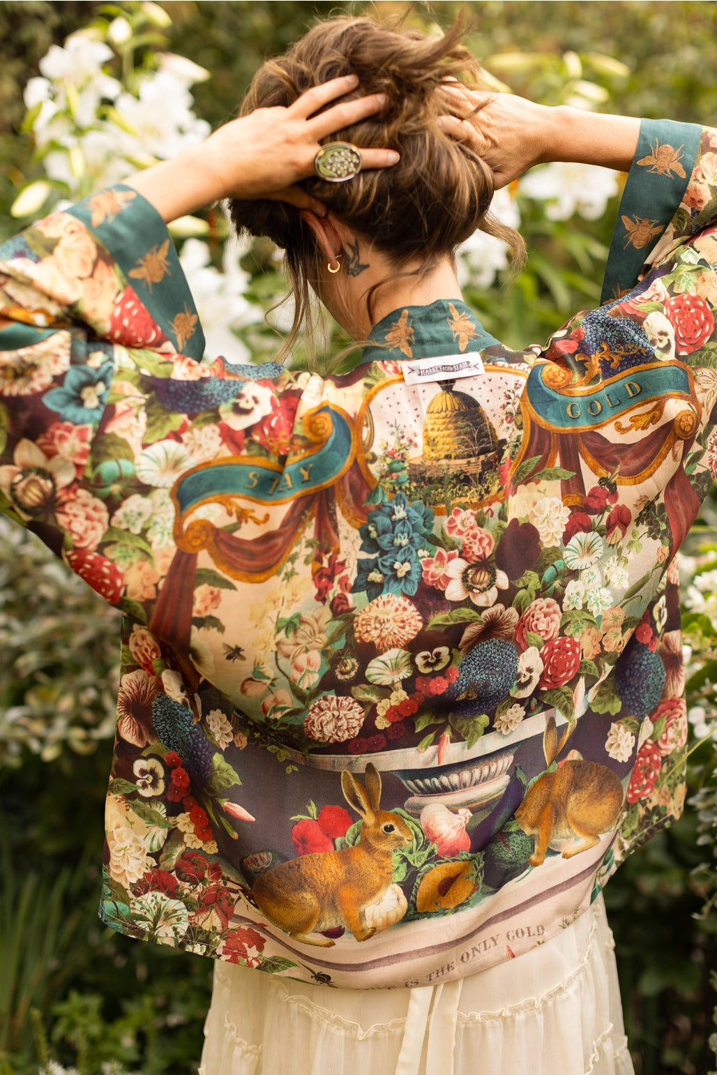 Market of Stars - Stay Gold Floral Bamboo Cropped Kimono with Rabbit & Bees