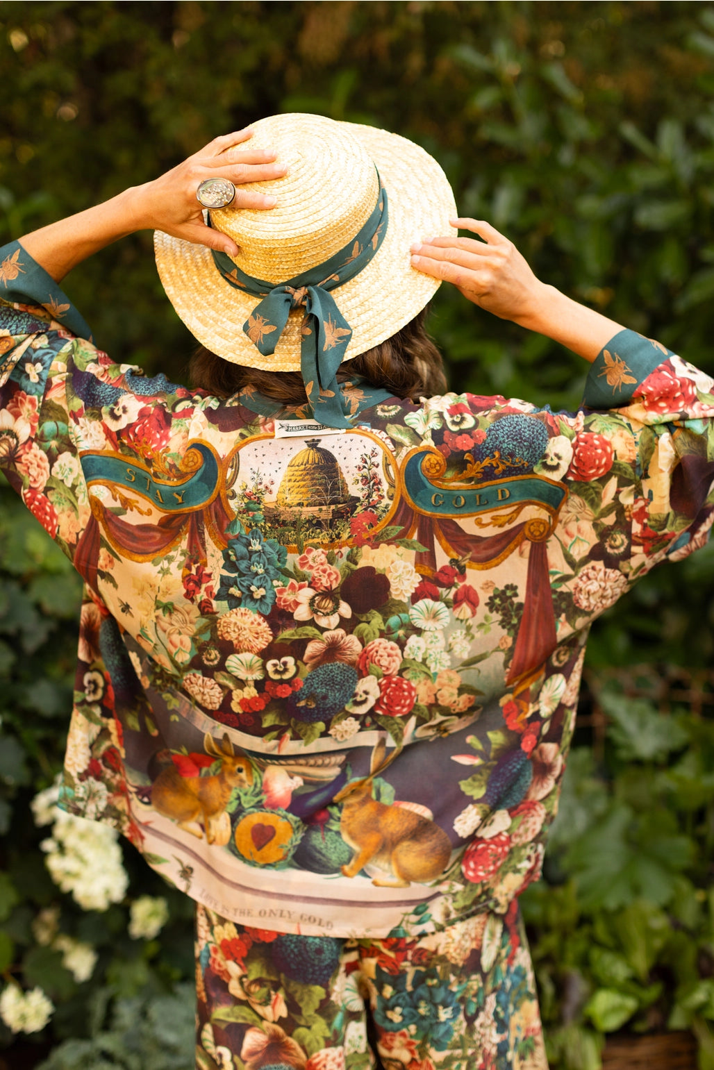 Market of Stars - Stay Gold Floral Bamboo Cropped Kimono with Rabbit & Bees