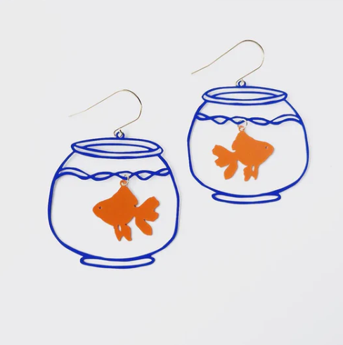 Denz + Co - Large Goldfish bowls blue/orange painted steel - DANGLE EARRINGS
